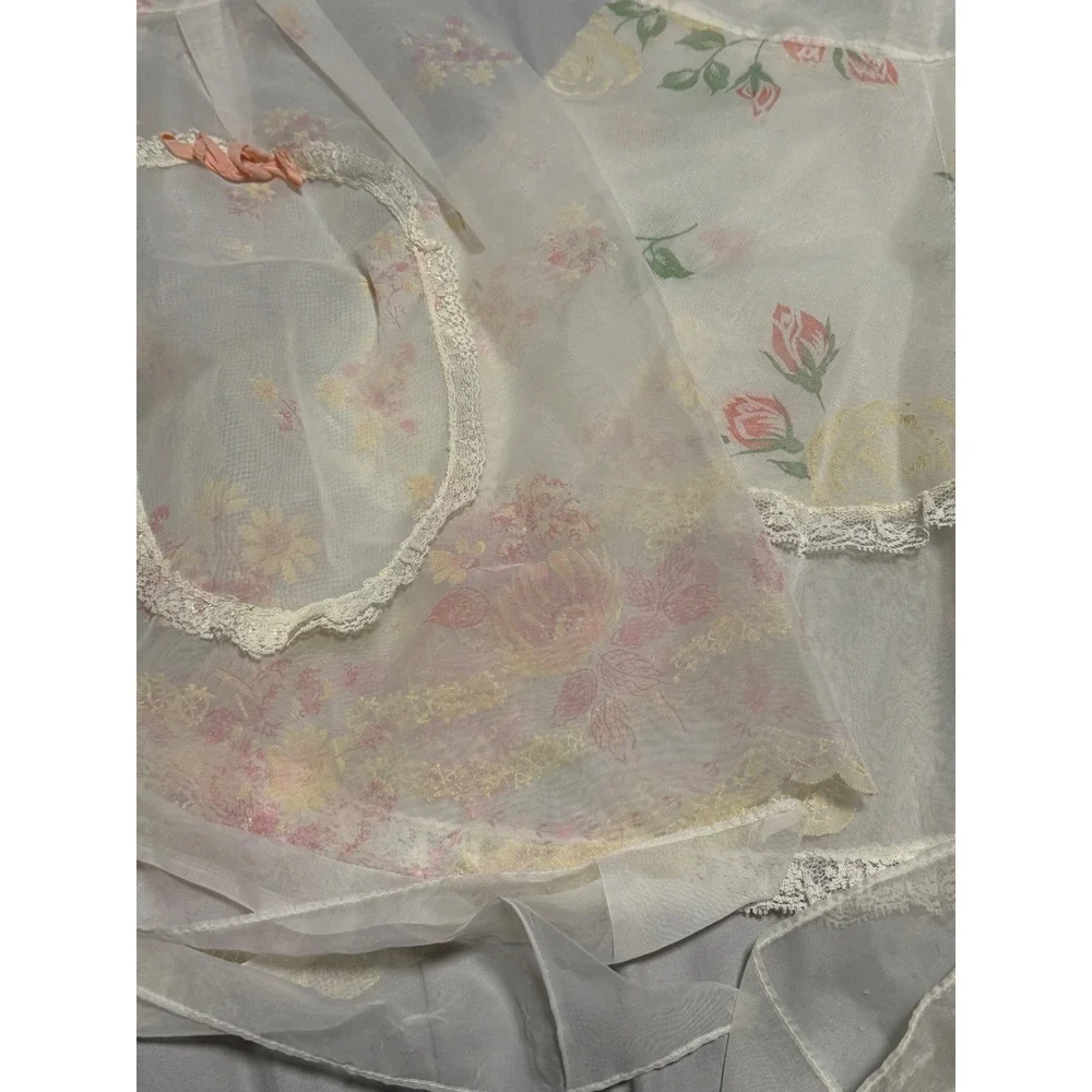 Vintage Busy Hour Aprons Sheer Floral Organza Lace Trim Half Apron Set of 2